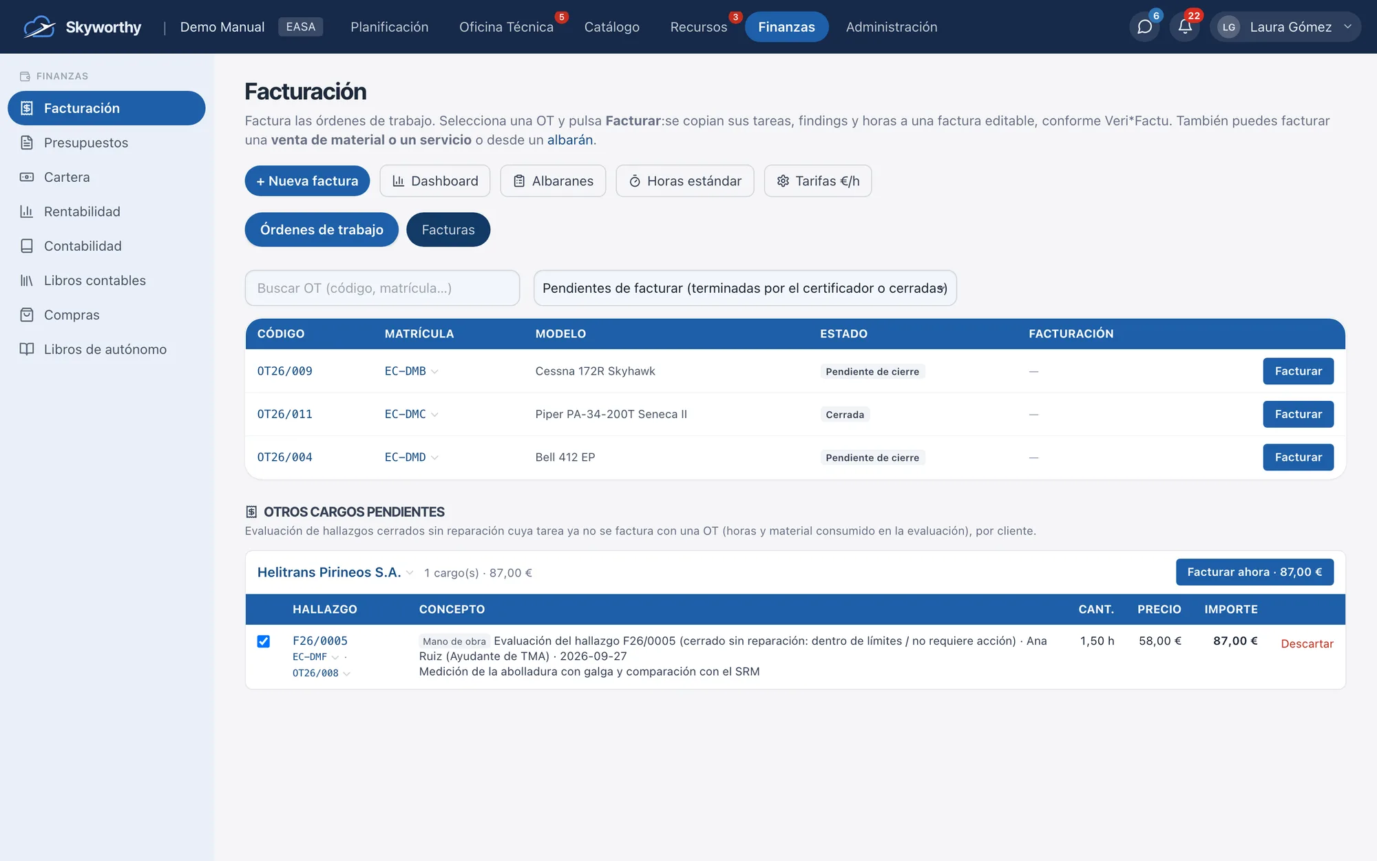 Facturación Veri*Factu: órdenes pendientes de facturar con el botón «Facturar» y otros cargos pendientes por cliente