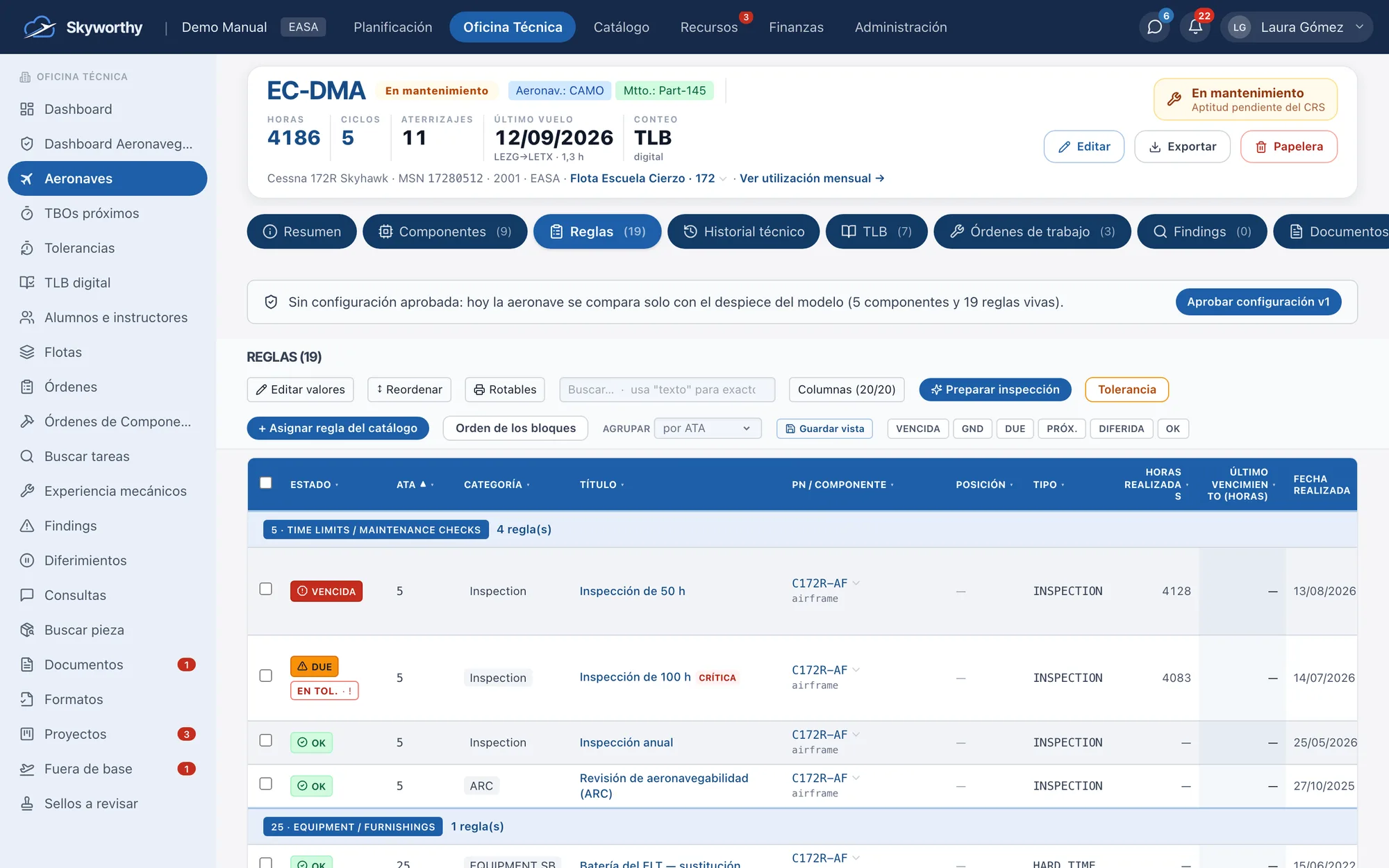 Skyworthy: ficha de la aeronave EC-DMA con la pestaña Reglas, el semáforo y la tabla agrupada por capítulos ATA