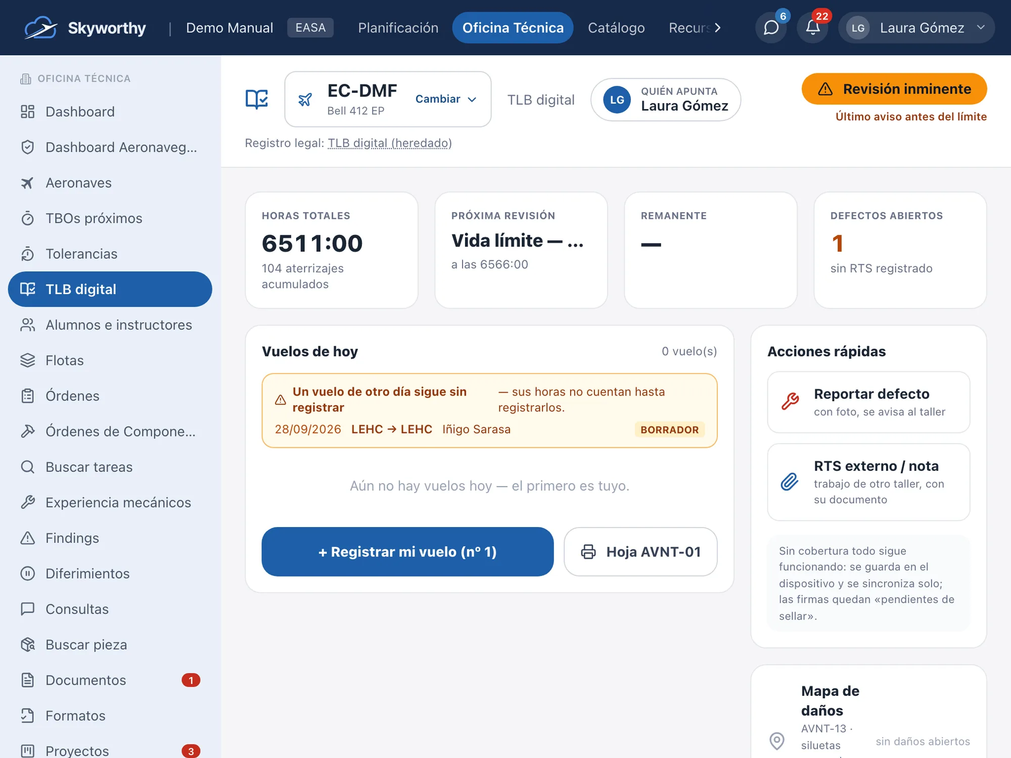 TLB digital en la tablet: horas totales, próxima revisión, vuelos de hoy y «Registrar mi vuelo»