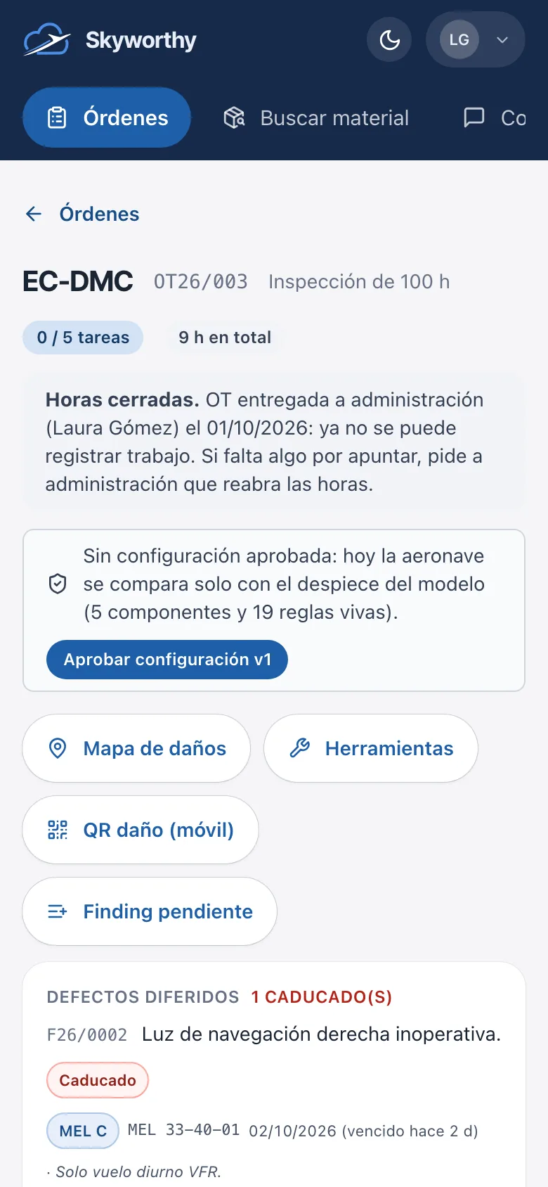 Modo Taller en el móvil: la orden EC-DMC con sus tareas, mapa de daños, herramientas y defectos diferidos